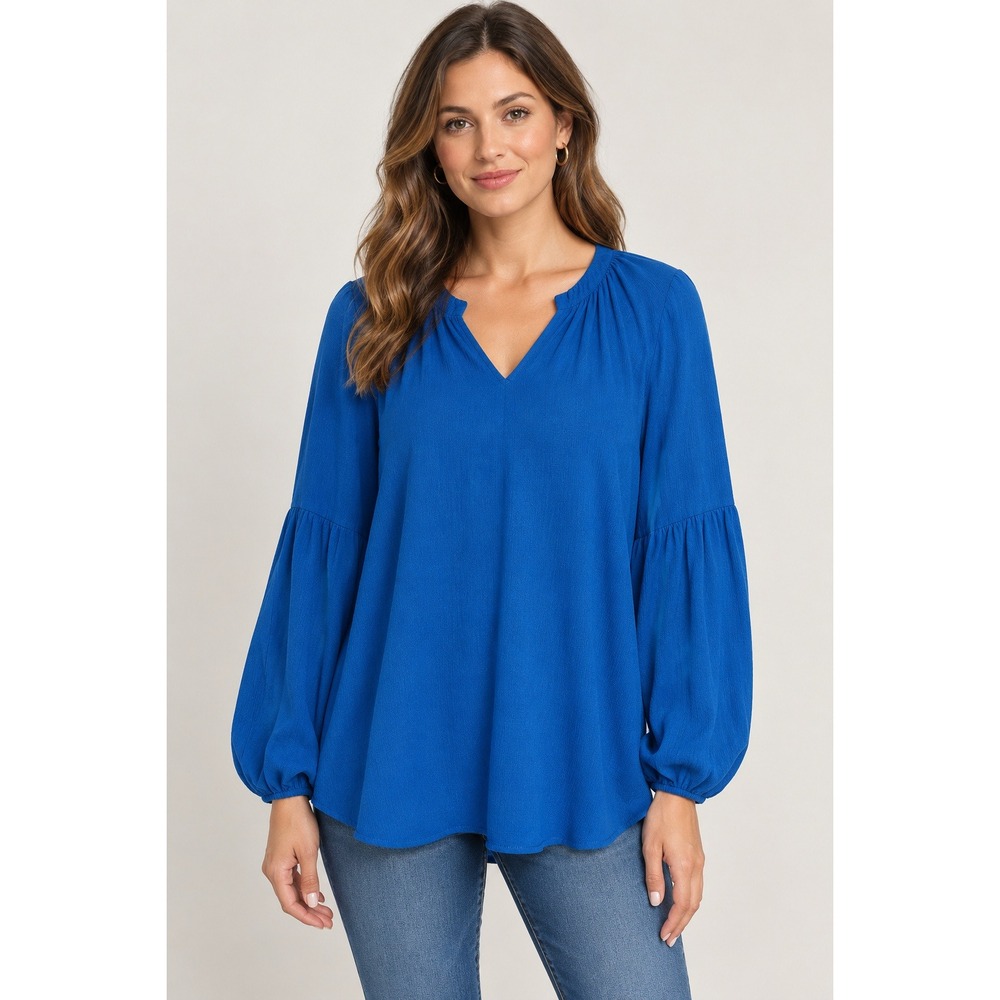 Lilly Pulitzer Blue Split Neck Puff Sleeve Blouse Medium Crepe Top